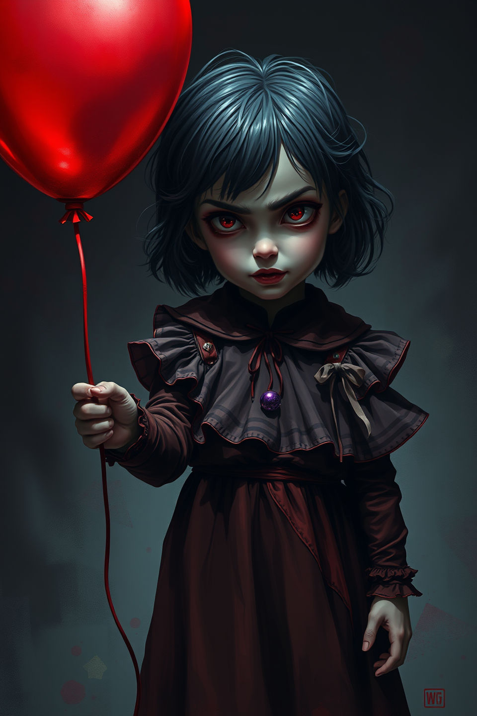 Low POV, emphasizing the striking contrast and atmosphere, A detailed dark fantasy image of a small, mischievous girl standing with a bright...