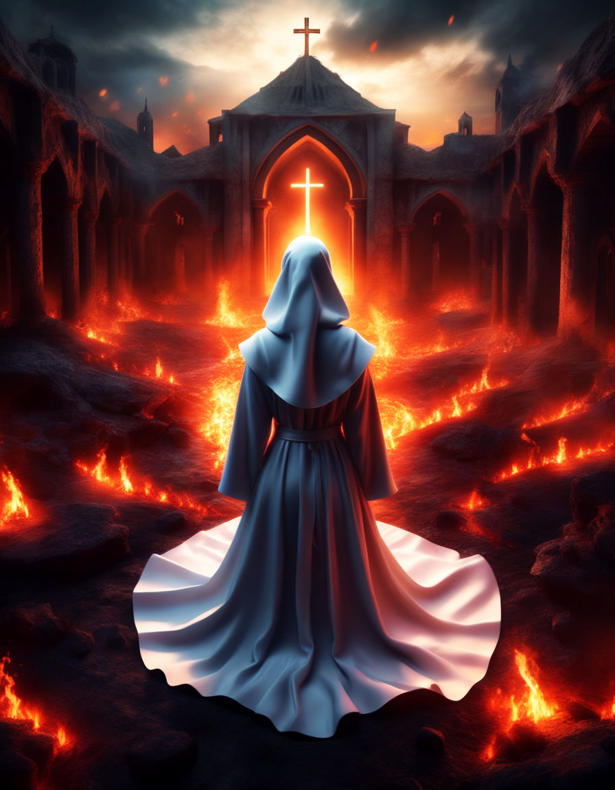 in the center of fiery Gehenna a beautiful and young nun is kneeling and praying,a beautiful face with tears on her cheeks, looking sadly st...