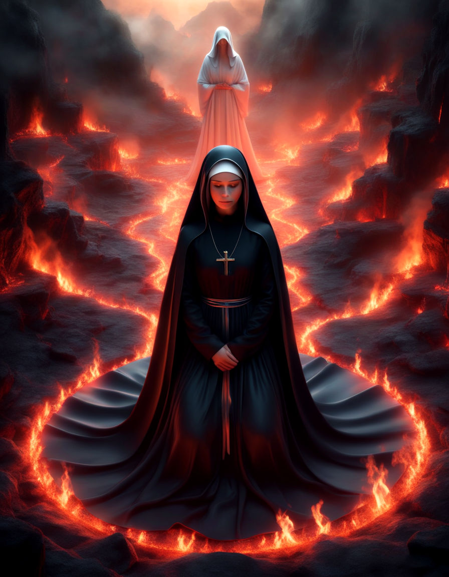 in the center of fiery Gehenna a beautiful and young nun is kneeling and praying,a beautiful face with tears on her cheeks, looking sadly st...