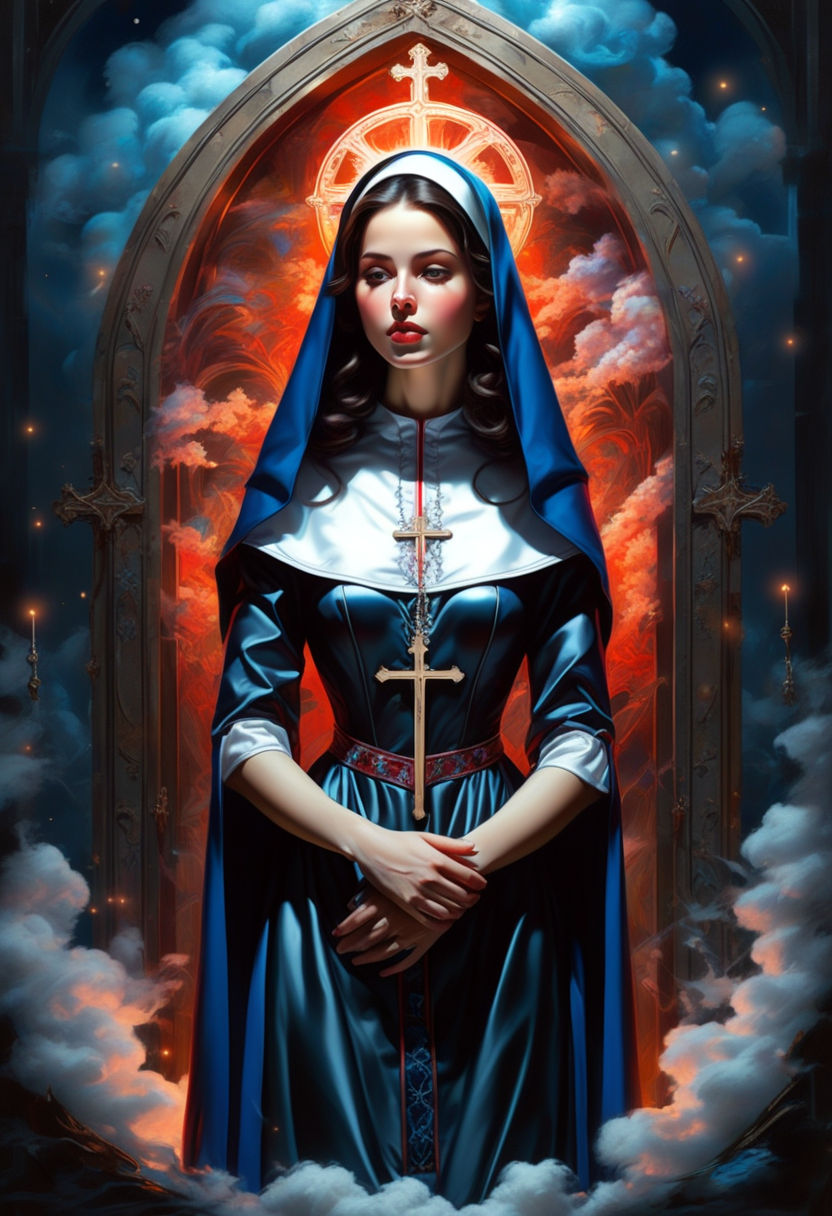 A playful and humorous illustration of a young and beautiful nun dressed in a white and black cassock with an Orthodox cross around her neck...