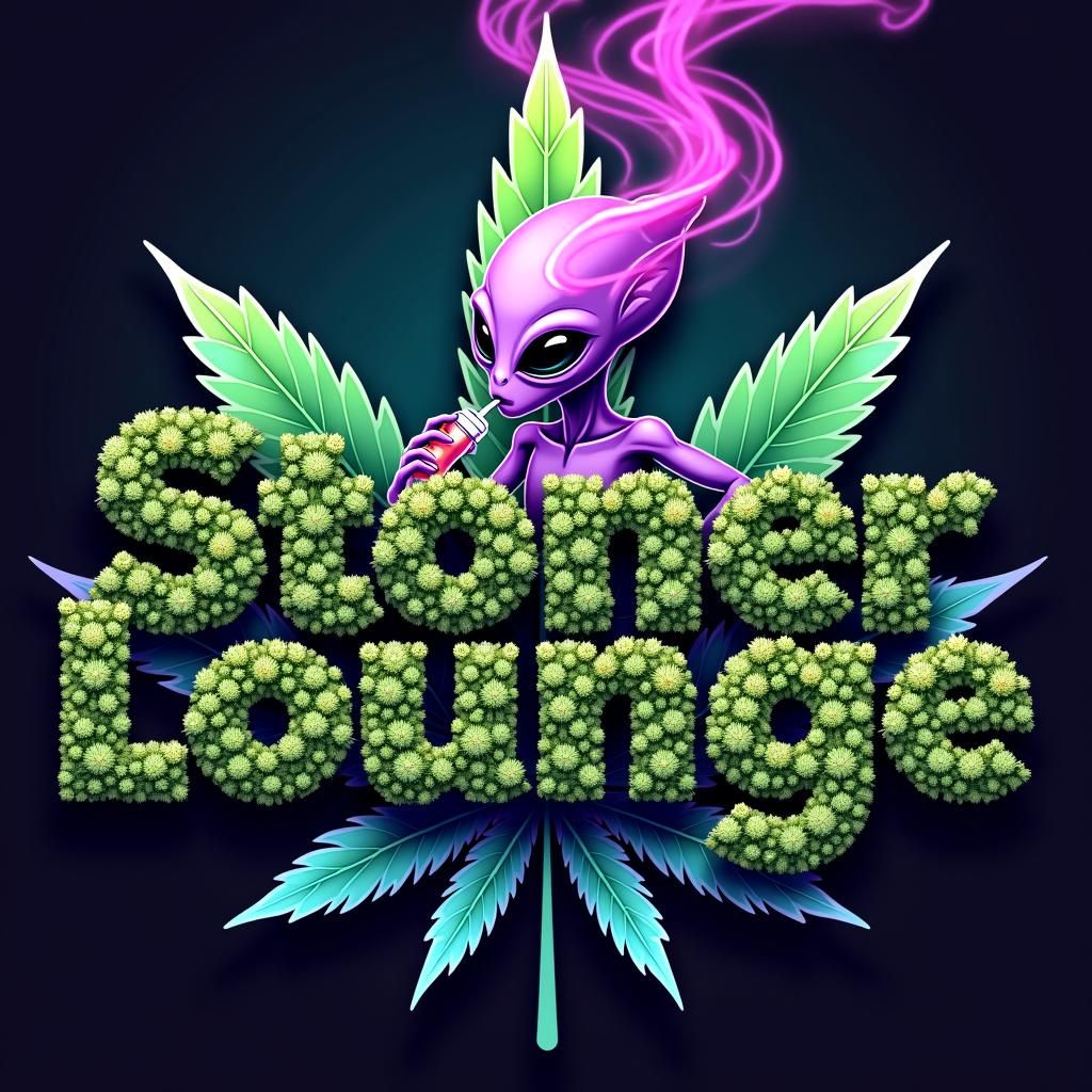 Trippy Alien with Big Cannabis Leaves 