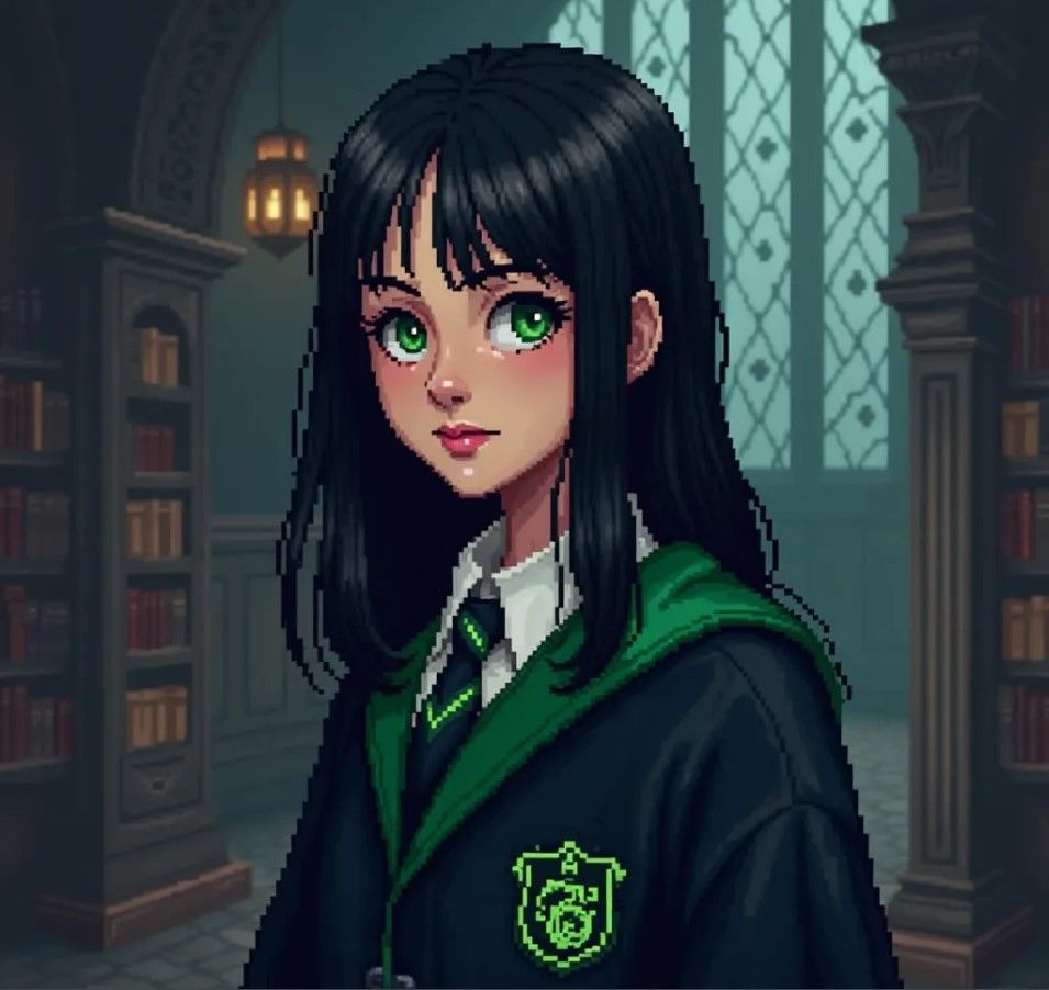 harry potter girl slytherin pixel art black hair green eyes straight bob portrait
