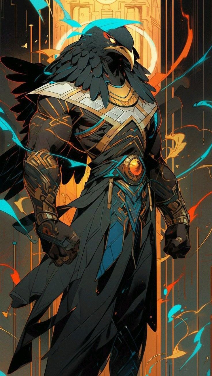 Action pose of a handsome, stylized, slender anthropomorphic owl ninja with a fierce expression, long horizontal horns, a stout beak, dark f...