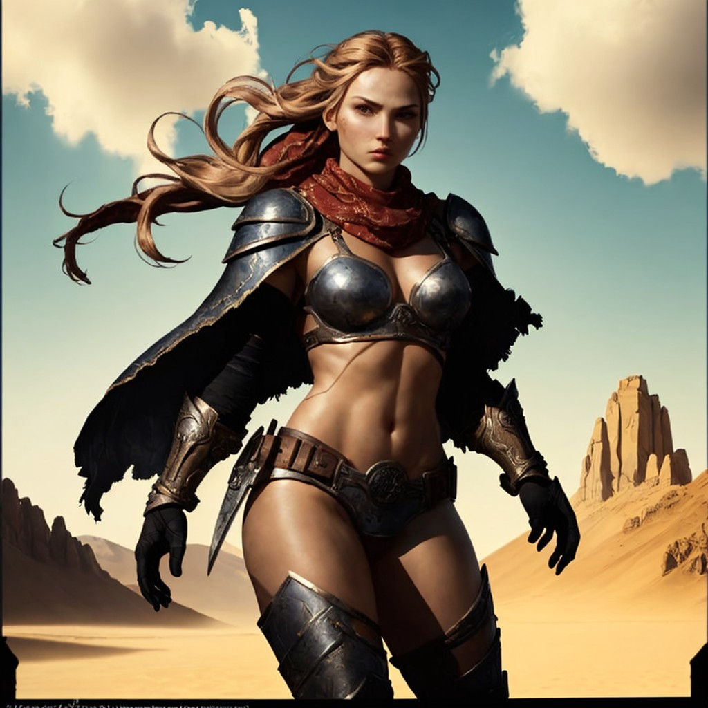 A photography of a beautiful character, a warrior woman, outdoor photography, sunny day, over exposure, clear sky, photo realistic, skin det...