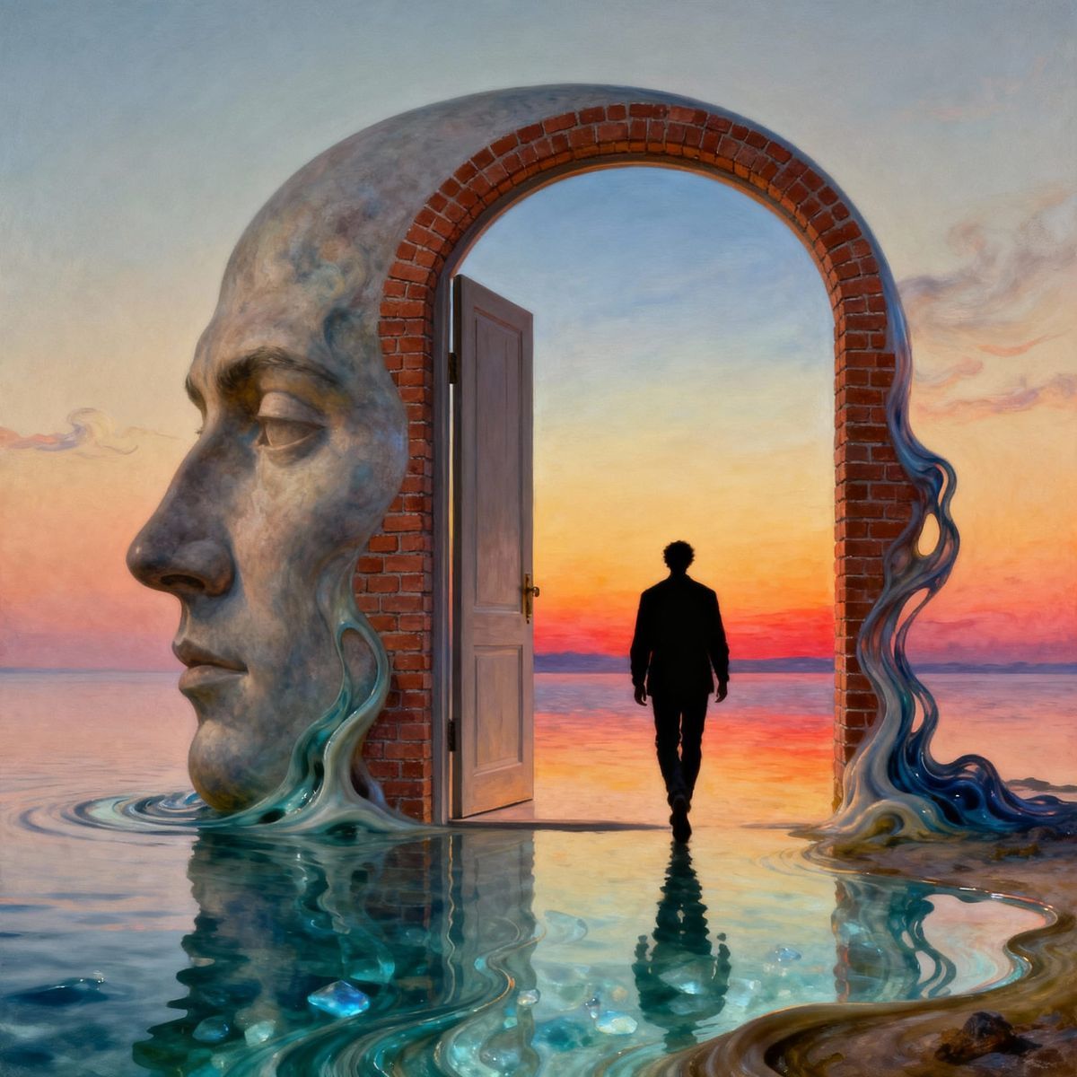 As he walks through the doorway, the large wooden door slams shut. The sky turns black and the atmosphere darkens as for...