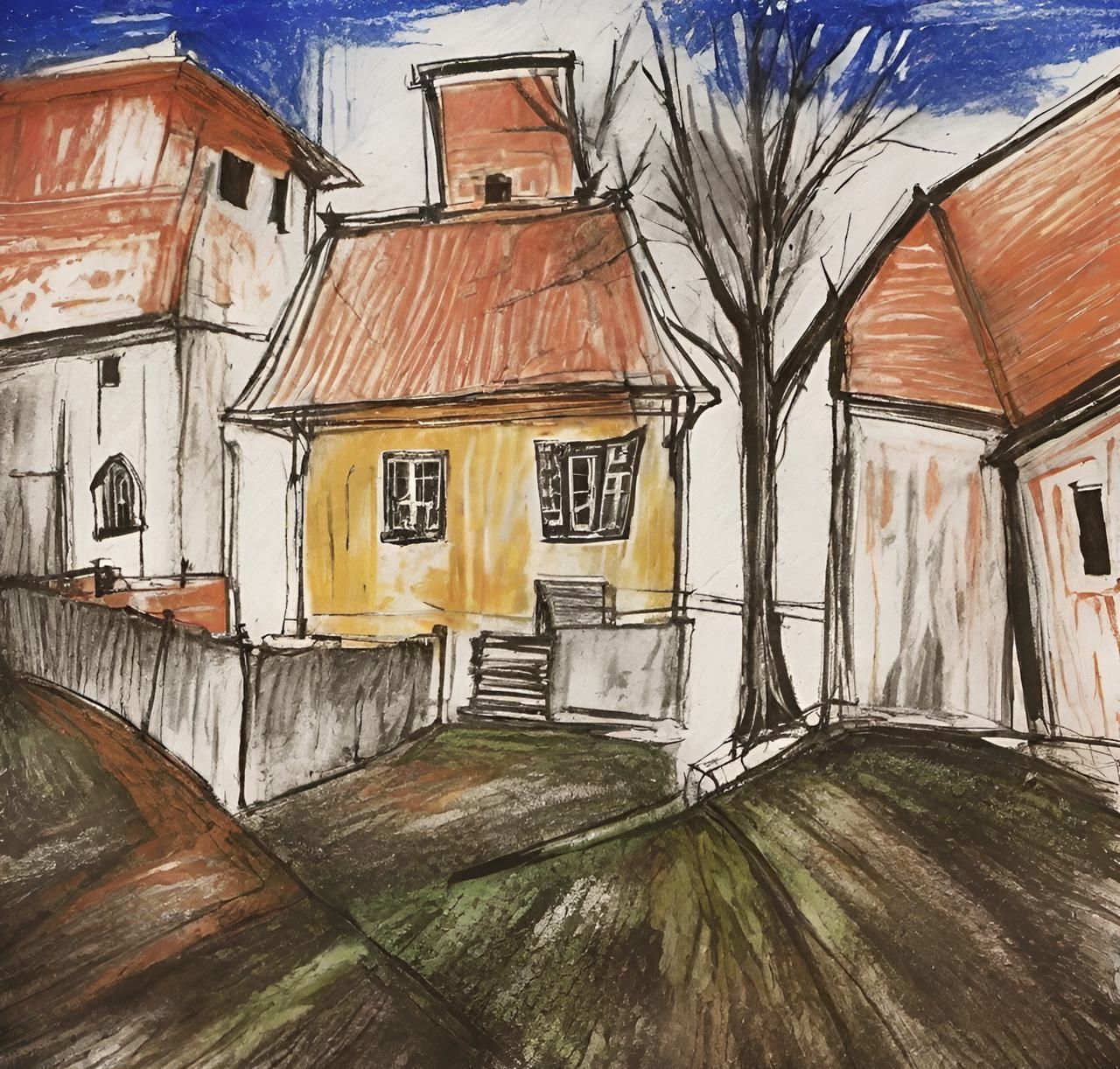 Night in the village light in the windows magical 