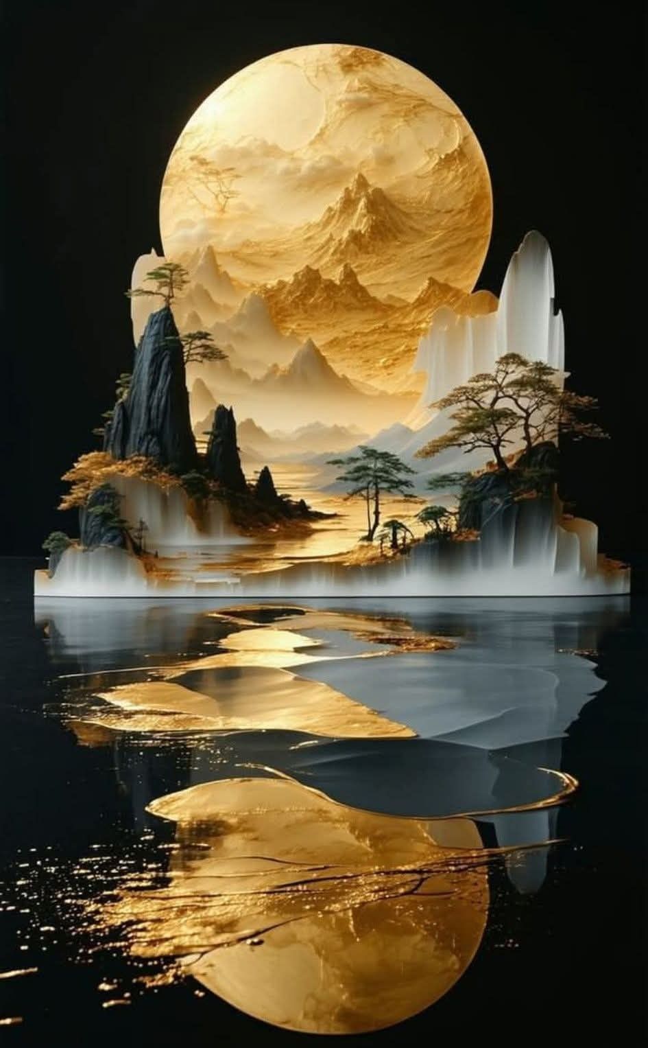 A double plot. Above, cliffs descend into the sea, palm trees, and yellow fog. Below, a mirror image of this plot.