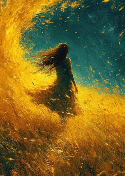 the wind blows and lifts the image up. a girl walks through a wheat field. a blue sky ahead.ultra detailed.realistic.cinematic.stock photo.8...