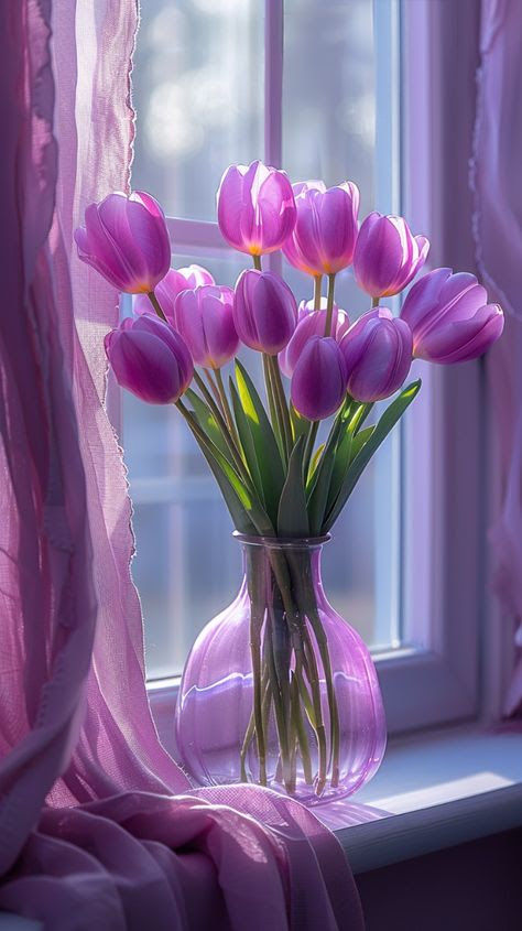 (blue color) mirror painting. tulips on the window.