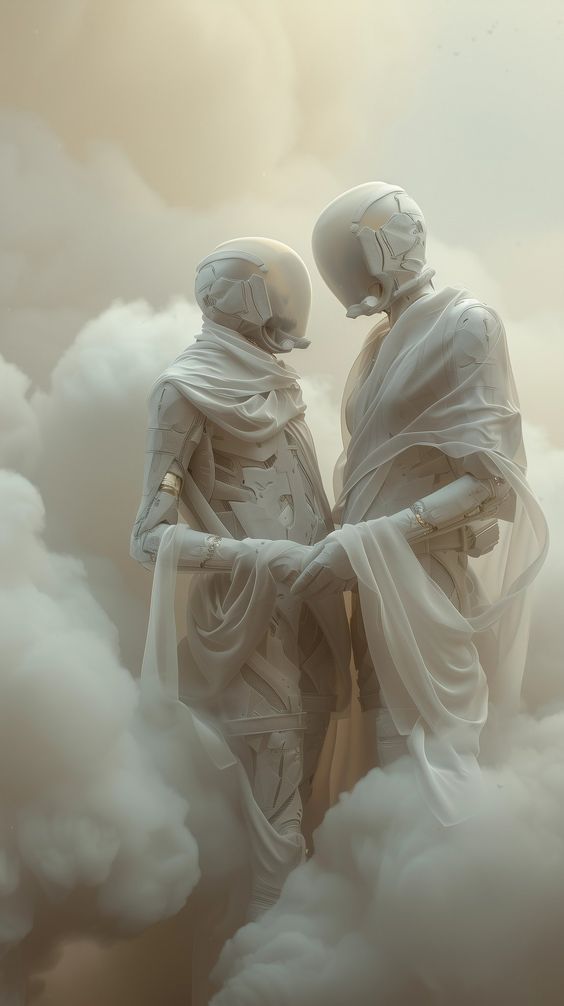 super cyborgs. meeting of lovers in transparent robes.