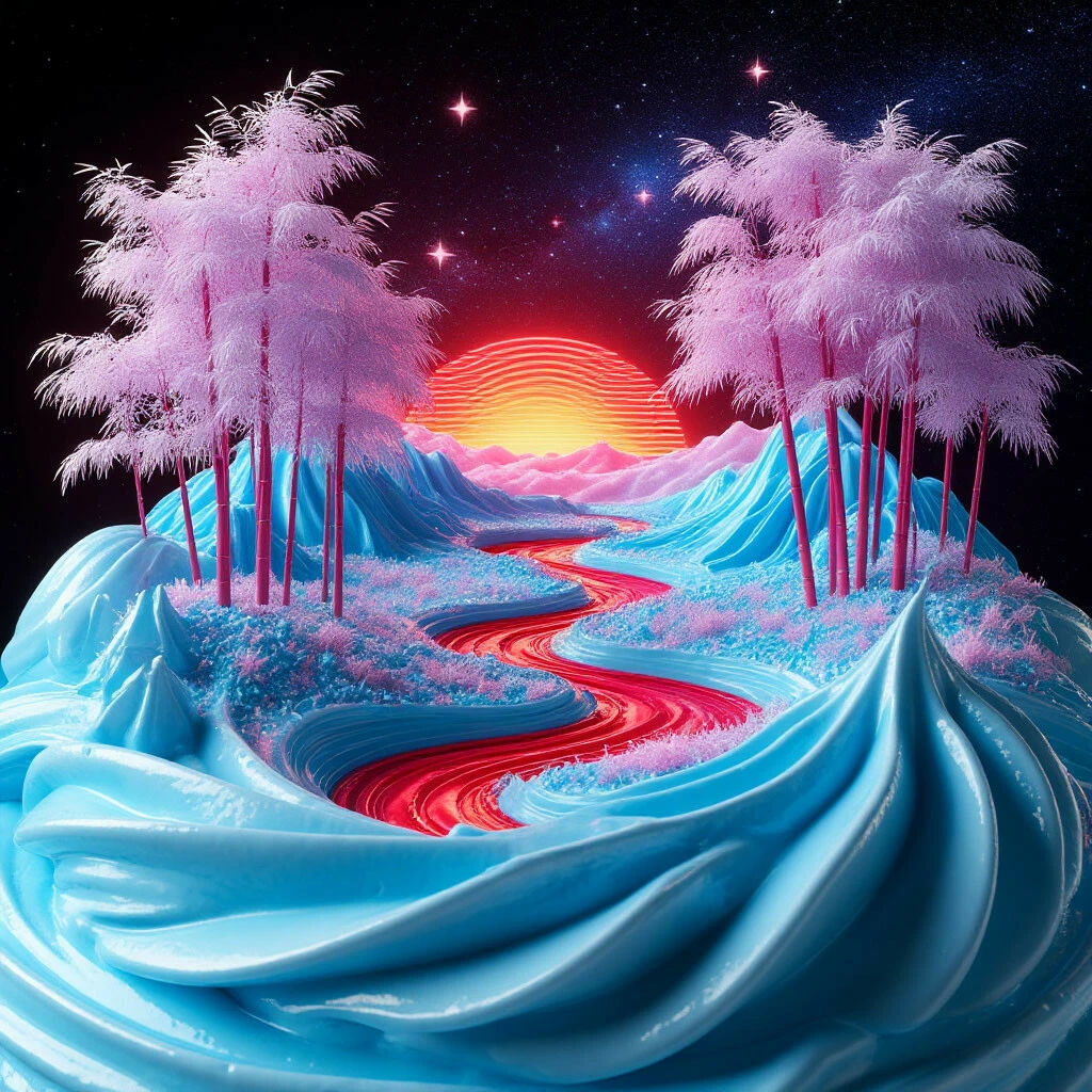 sweet landscape.A close-up of a realistic ((overhead view)) of blue whipped cream. At the center is a 3D holographic image of a landscape made of sugar, mol...