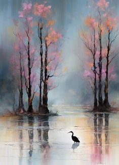 one heron on a lake in the autumn forest.