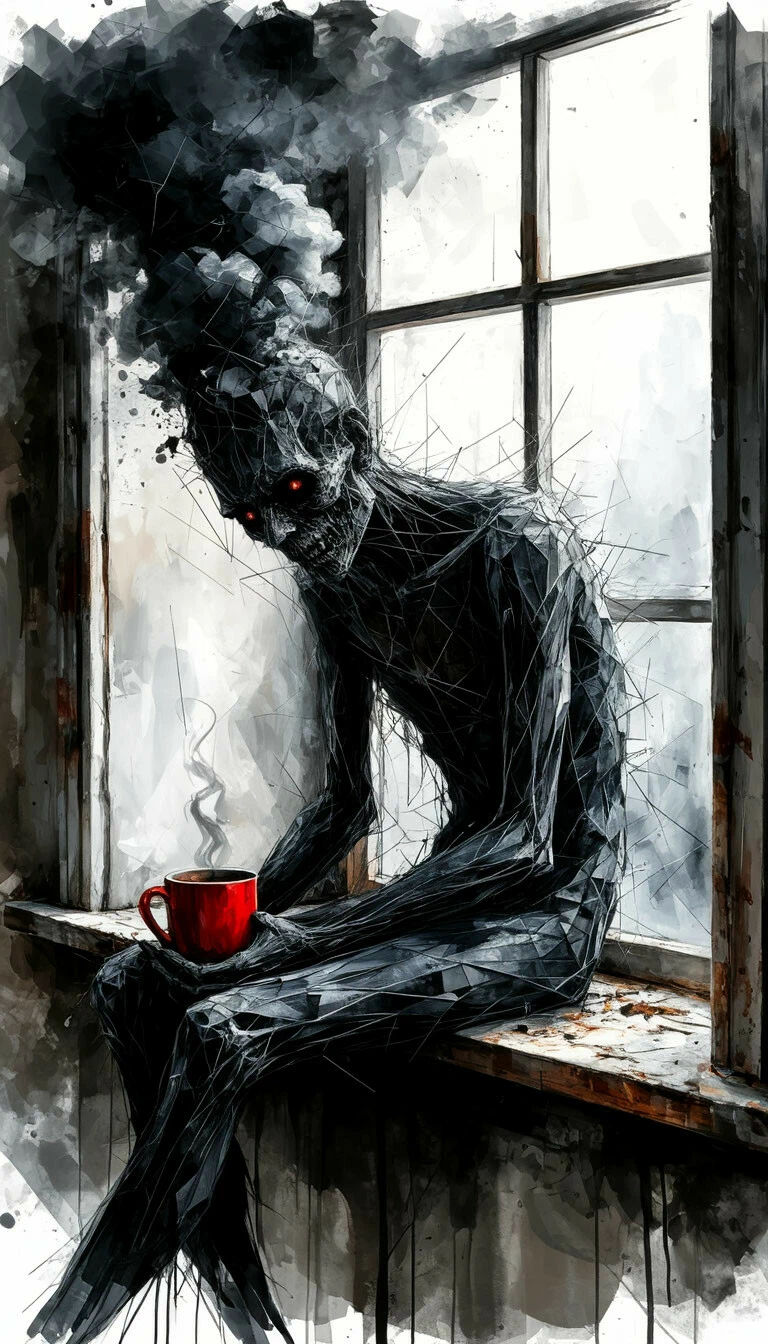 he sits on the windowsill and is sad about the past. the silhouette is made of intertwined branches, knotty sticks