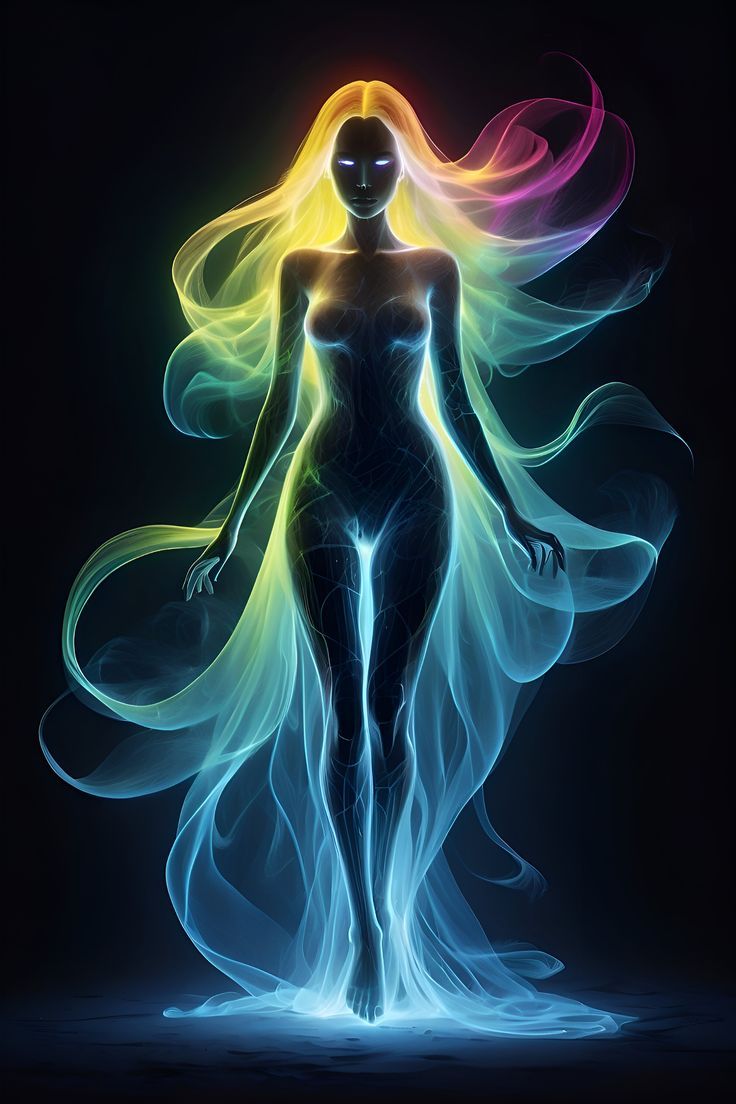 clear water.portrait of a beautiful girl ,the figure of a girl in a halo of sun waves and yellow, green clouds of fog