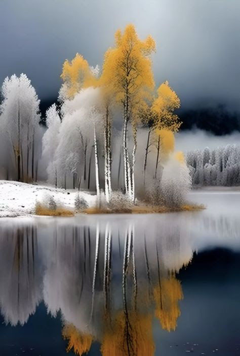 etude about nature in white and yellow.trees.lake.sky.