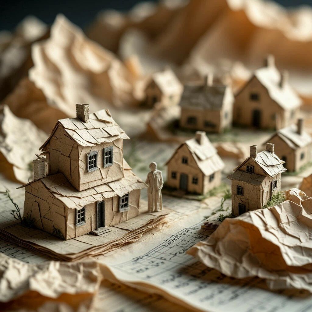 The image depicts a miniature model of a village made of paper. At the center of the composition is a two-story house with a roof, windows, ...