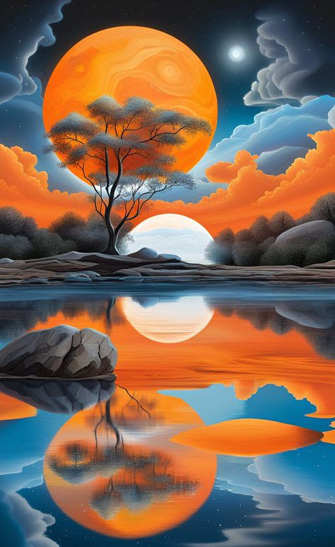 (({{the air is filled with a transparent haze}})).The orange moon shines in the sky, its reflection can be seen in the clear waters of the l...