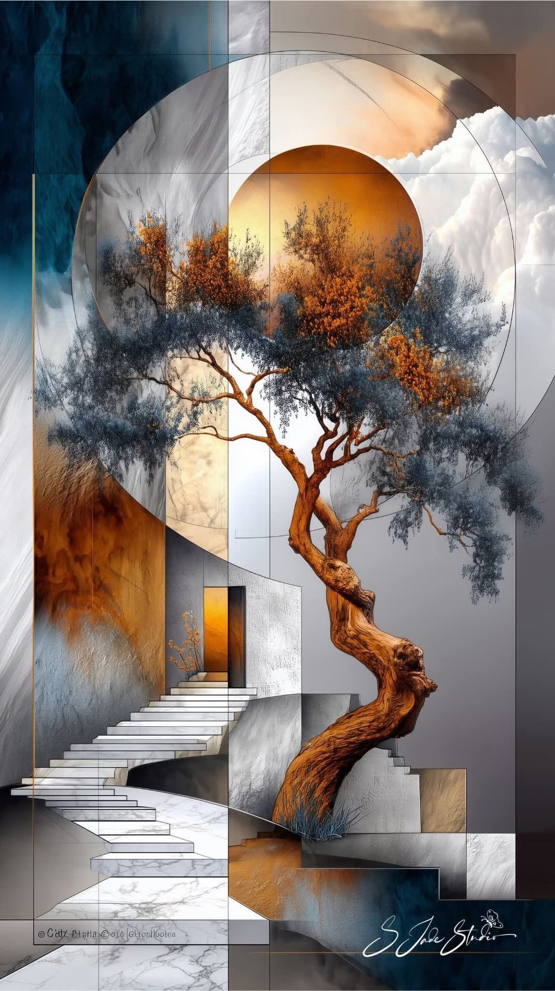 Double plot. On the right is a geometric staircase. On the left is a crooked tree. Above is a multiple moon.