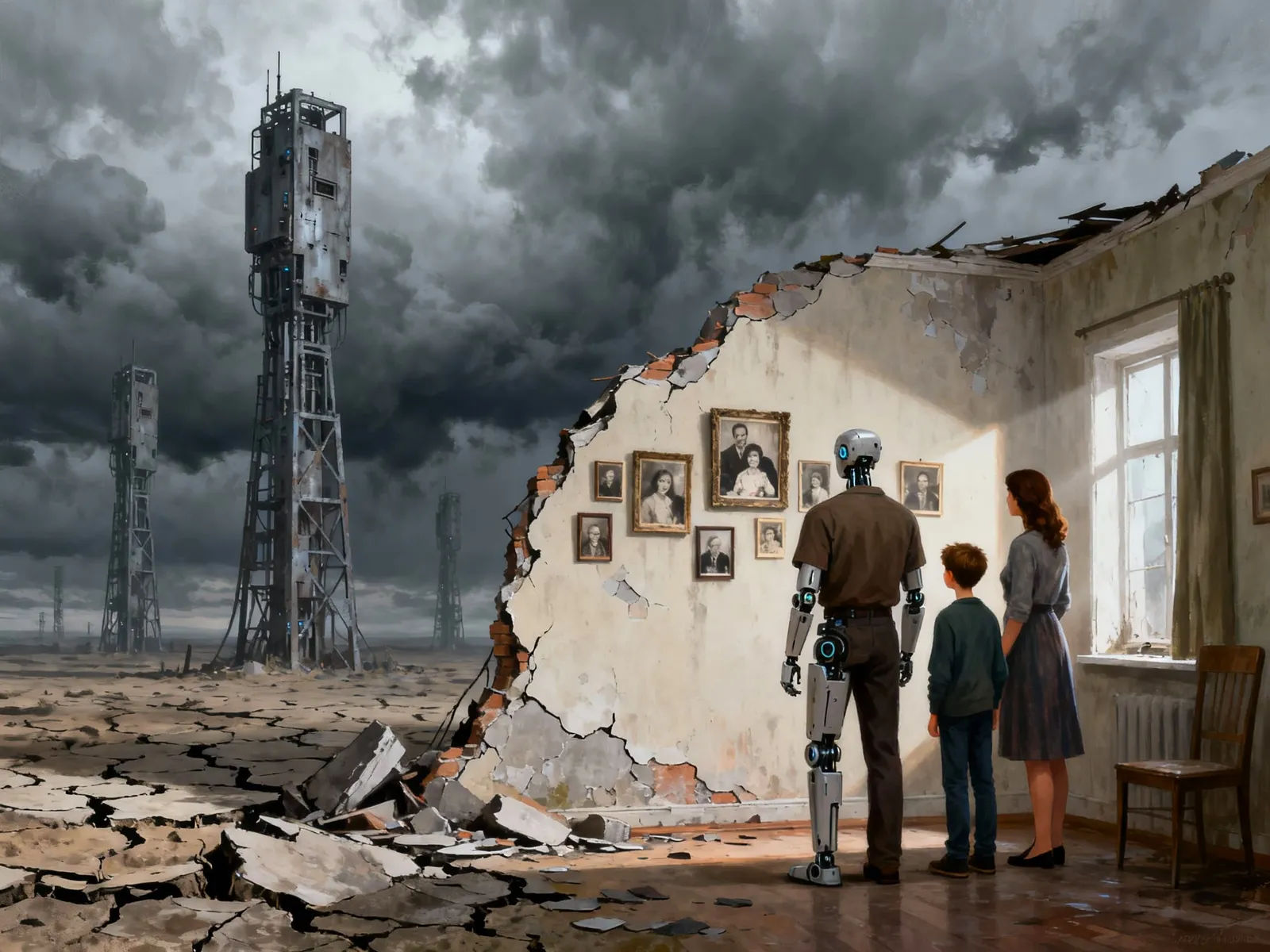 The painting depicts three figures—a robot, a boy, and a girl. They stand in a room with a destroyed wall. Light falls through a window on t...