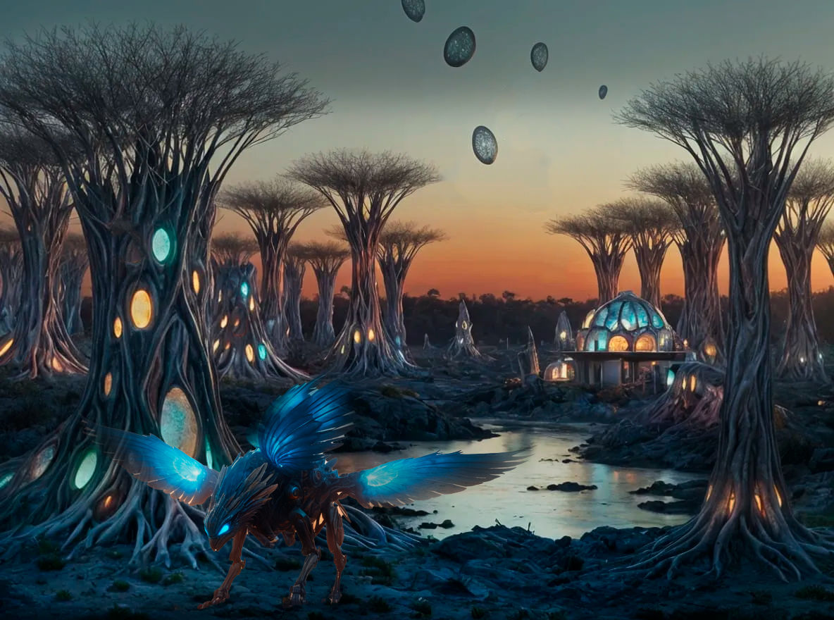 The camera moves forward slowly through the surreal alien forest at twilight. The bioluminescent creature in the foregro...