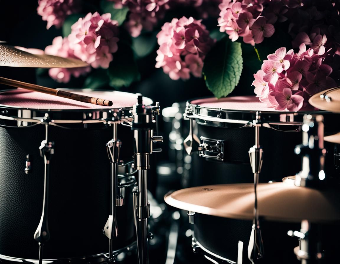 a white electric guitar with pink hydrangea flowers behind