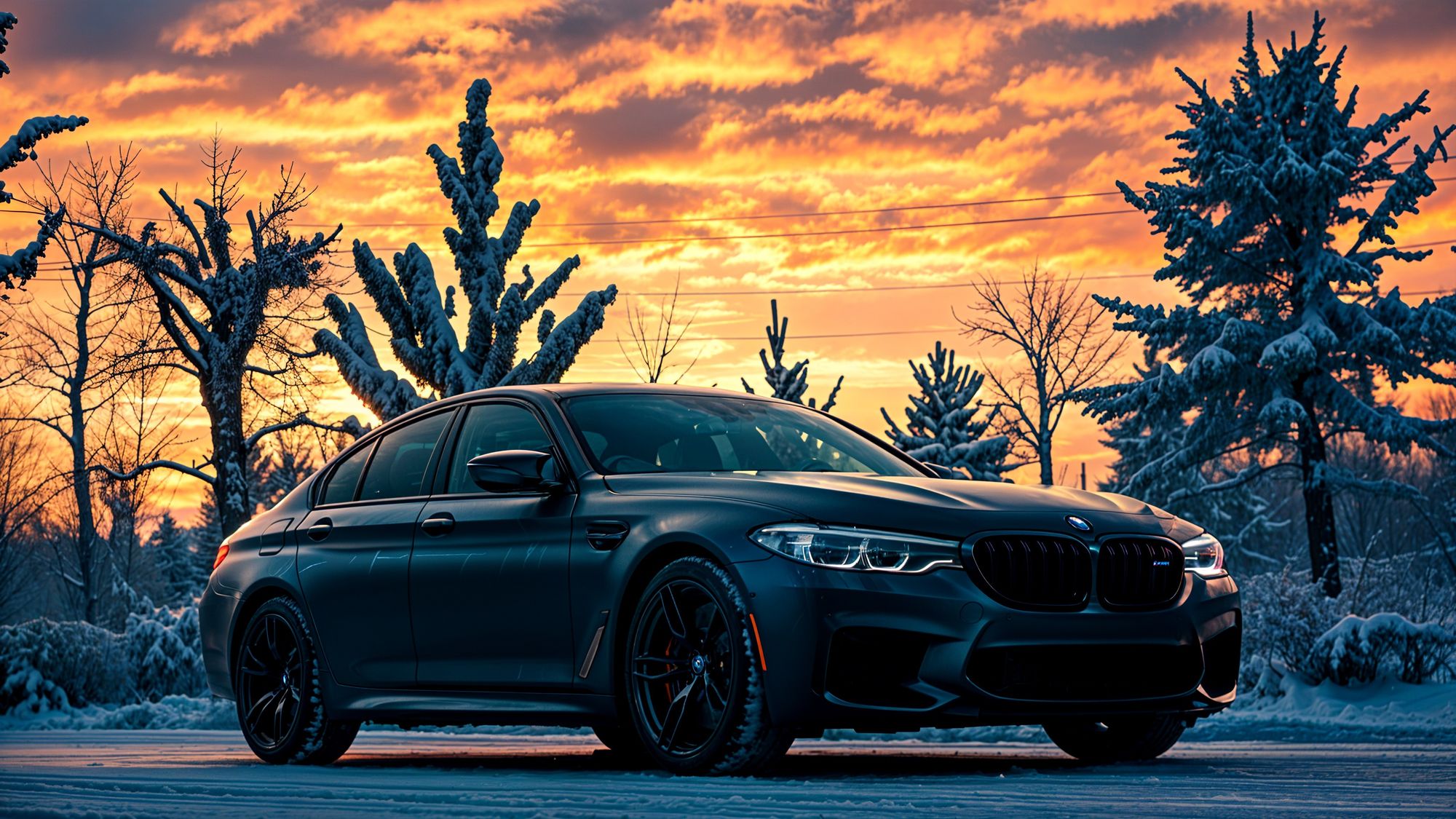 BMW M5 drive in a winter landscape