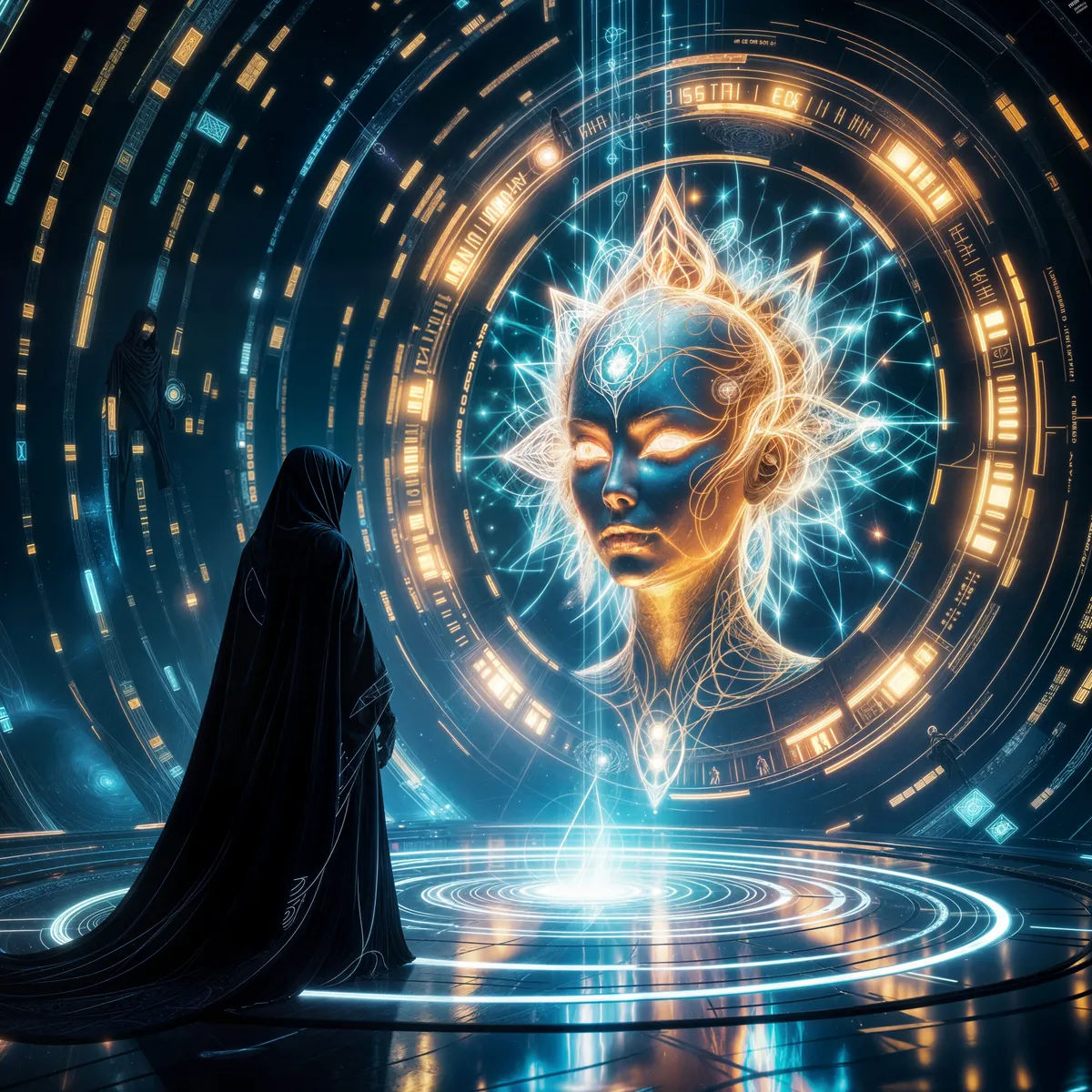 Style: cinematic lighting, intricate details, sacred geometry, surreal visionary art, cyber-organic textures
• Tone: et...