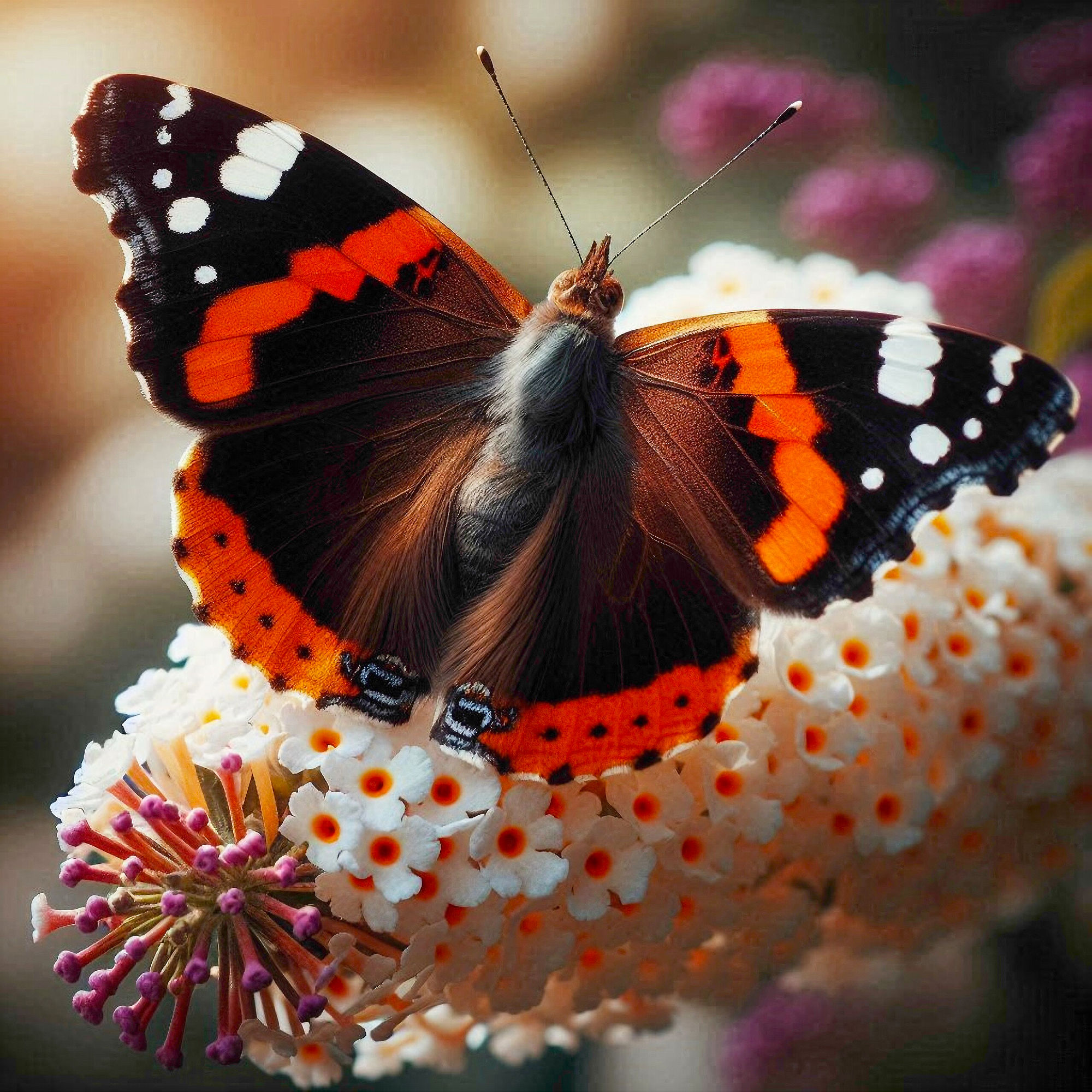 Fantastical surrealism. Close-up macro. A large admiral butterfly sits on a white flower of the butterfly bush. 8k resolution. Deep colors w...