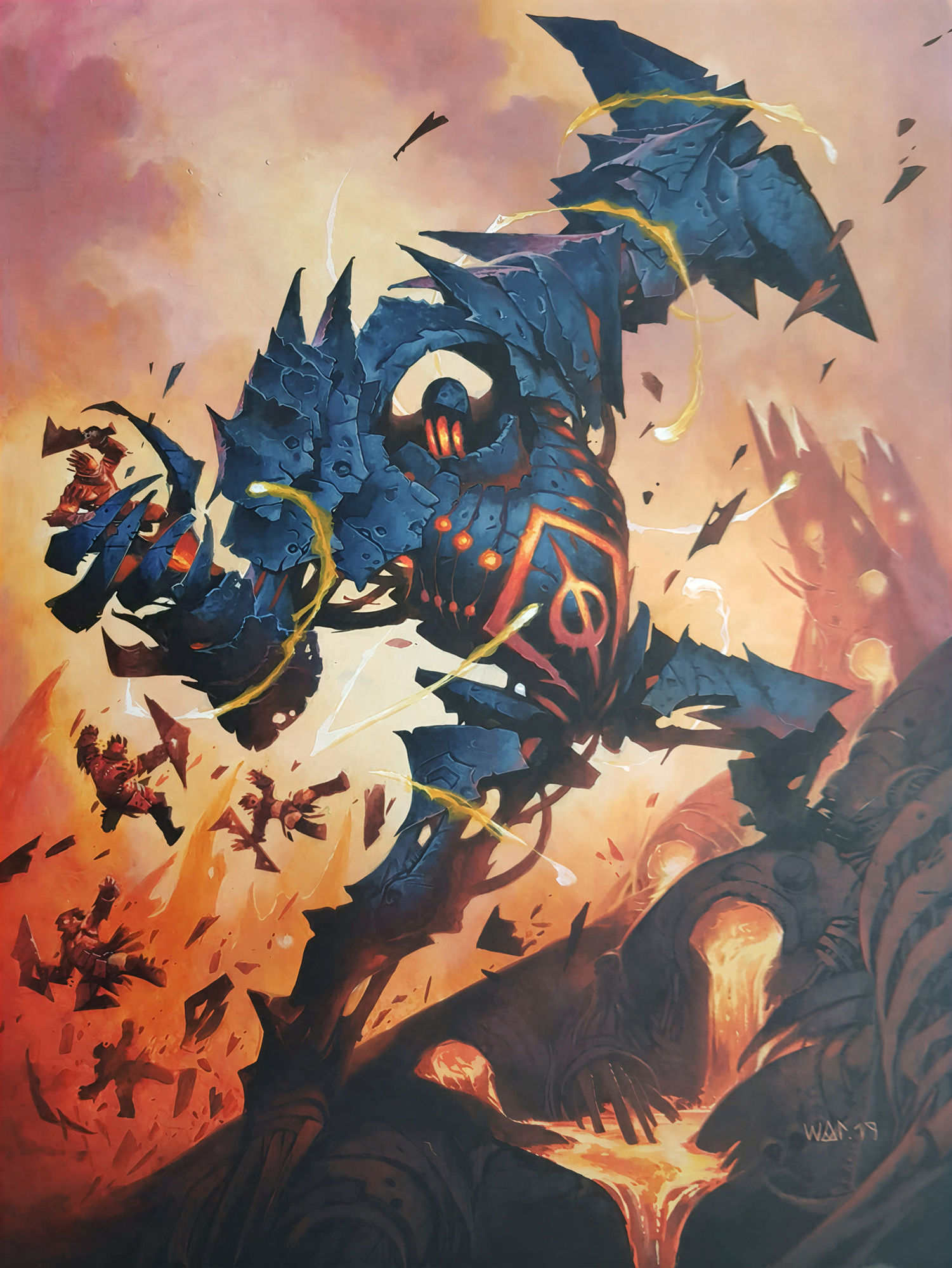 Blightsteel Colossus being vaporized.  Create artwork of this character, Blightsteel Colossus, make him astonished as his limbs vaporize int...