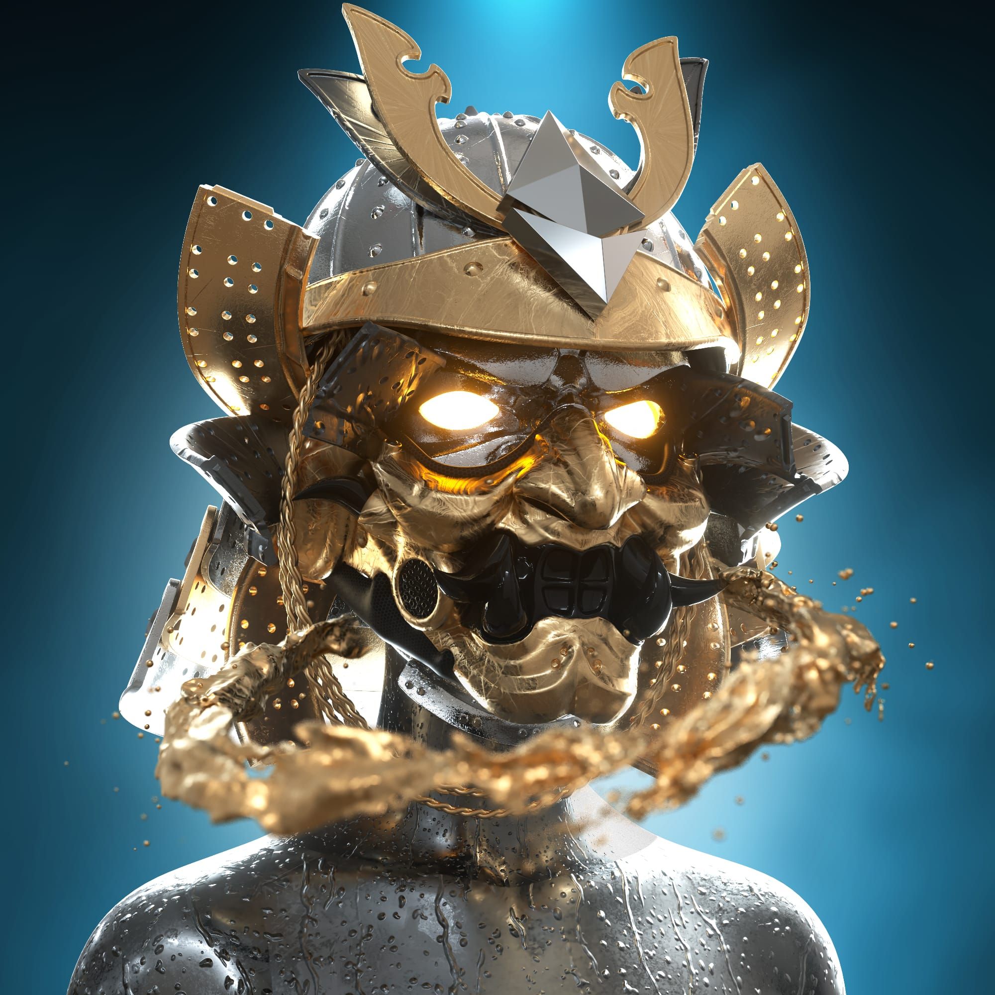 A man in a silver suit with a gold and silver samurai helmet and shogun mask with black teeth on it. There is melted liquid gold floating ar...