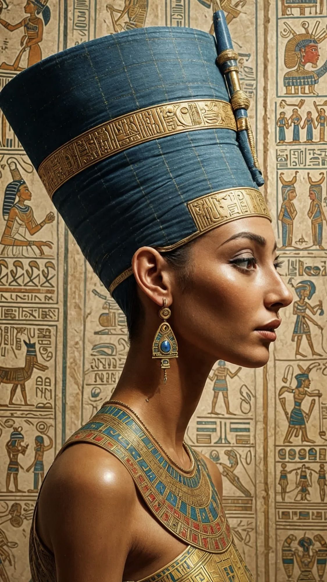 Right side of the profile of the magnificent Queen  Nefertiti, in full regalia warming your heart with her adorable smile making you believe...