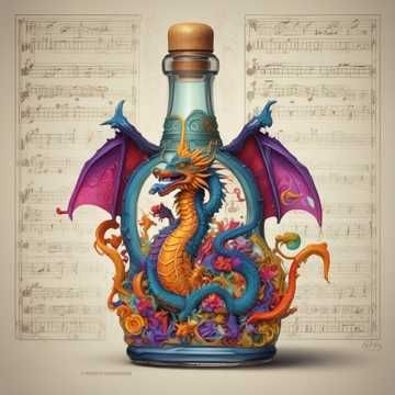 hyper-realistic bottle of maroon syrup with dragon decor