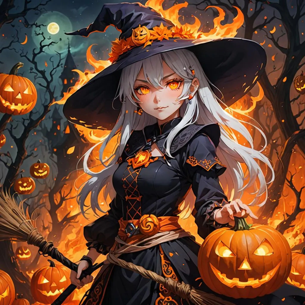 dark clothed fire witch with white hair and flaming eyes, holding a broomstick in one hand and a jack-o-lantern in the other hand. burning j...