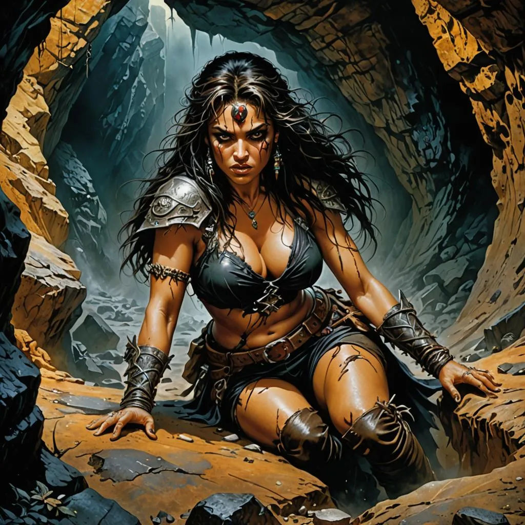 female tribal warrior resting in a cave, deep colors, photorealistic, cinematic depth of field