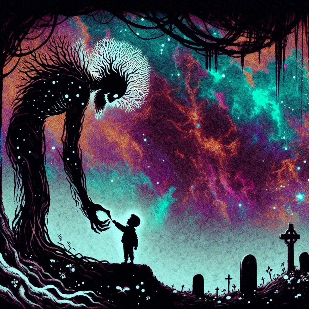 little boy reaching to hold hands with a giant tree monster