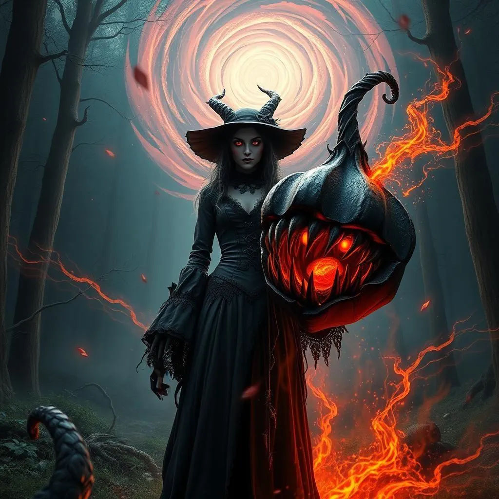 a gothic-styled horned witch holding a demonic gourd with a vicious teeth-bearing mouth. a swirling vortex for a moon in the sky and fiery w...