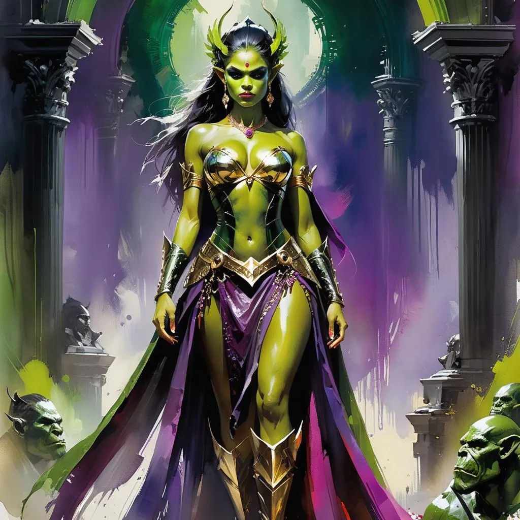 youthful green-skinned orc goddess strutting through her orc temple. hyper-realistic hyperrealism, photorealistic, cinematic depth of field,...