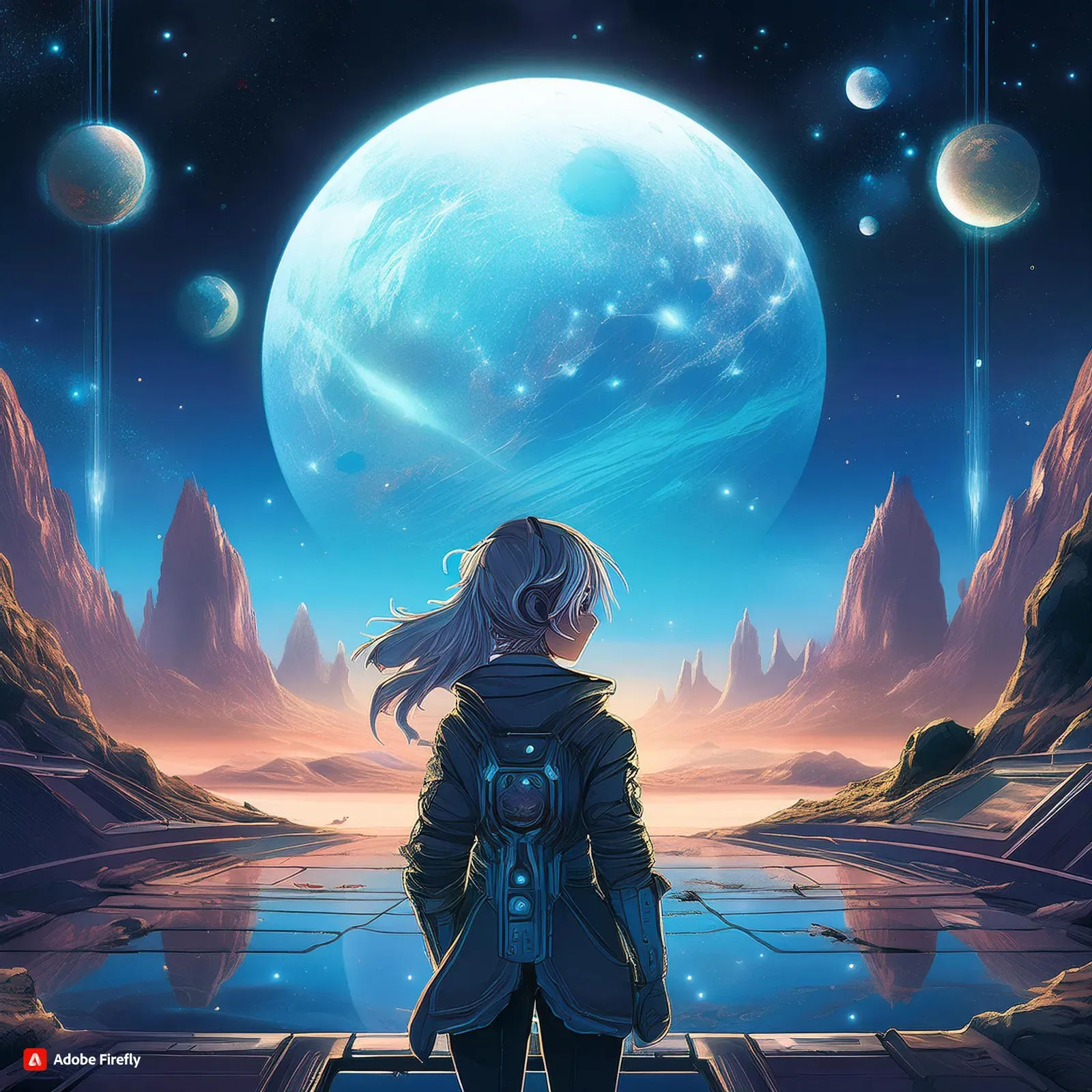 Frelfy anime character looking at the moon on an alien world