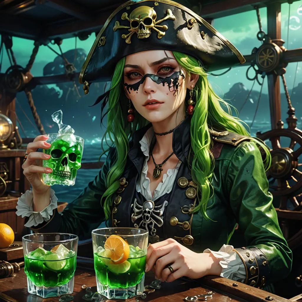 green haired female pirate with smeared black war paint over her cheeks and nasal bridge, wearing a black pirate's bicorne hat with a large...