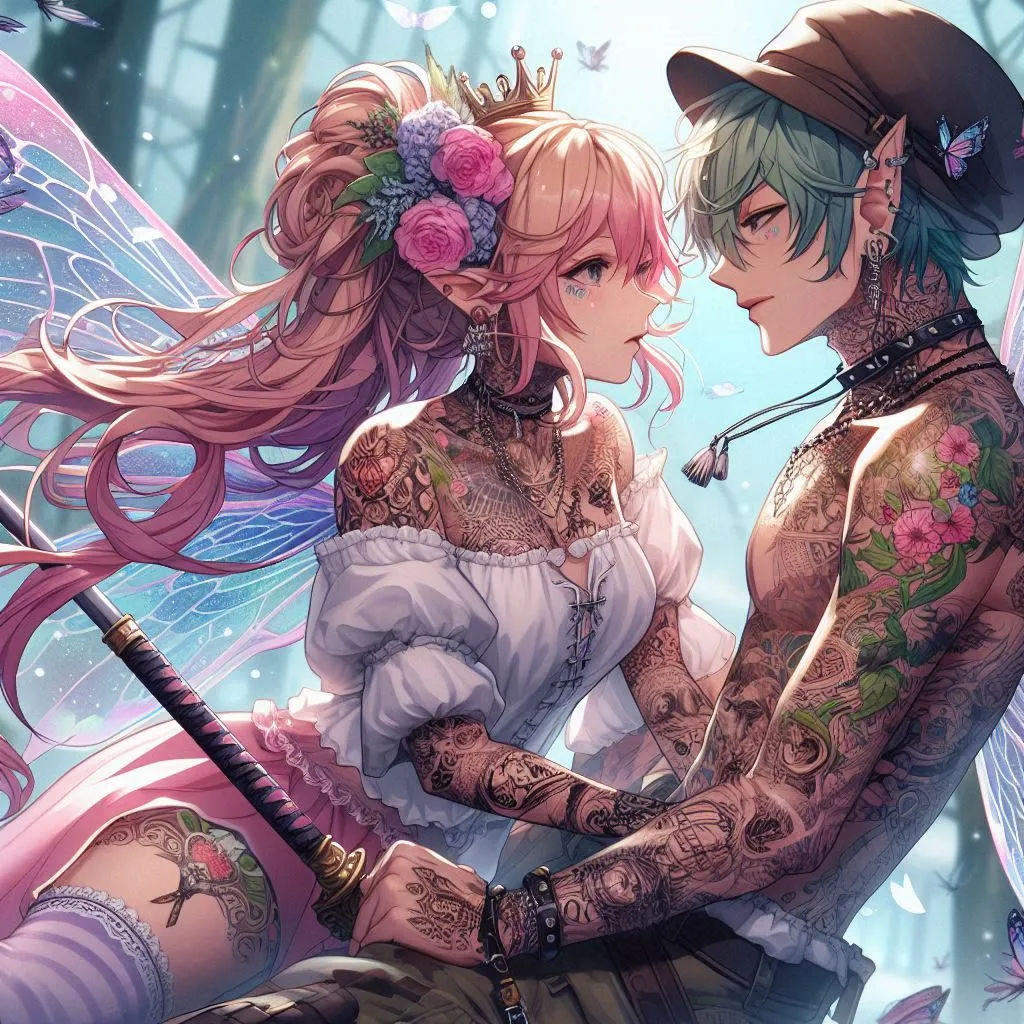 tattooed fairy princess leaning in to kiss a tattooed punk elf boyfriend