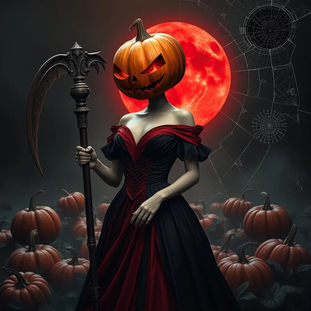 a gorgeous woman with a grinning jack-o-lantern head, wearing a red and black gown, holding an intricately detailed scythe. background is a...