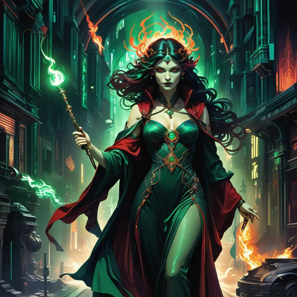 Hekate, godess of magic, fantasy-cyberpunk style clothes, flaming crown. photorealistic, intricate details, incredibly detailed. High contra...