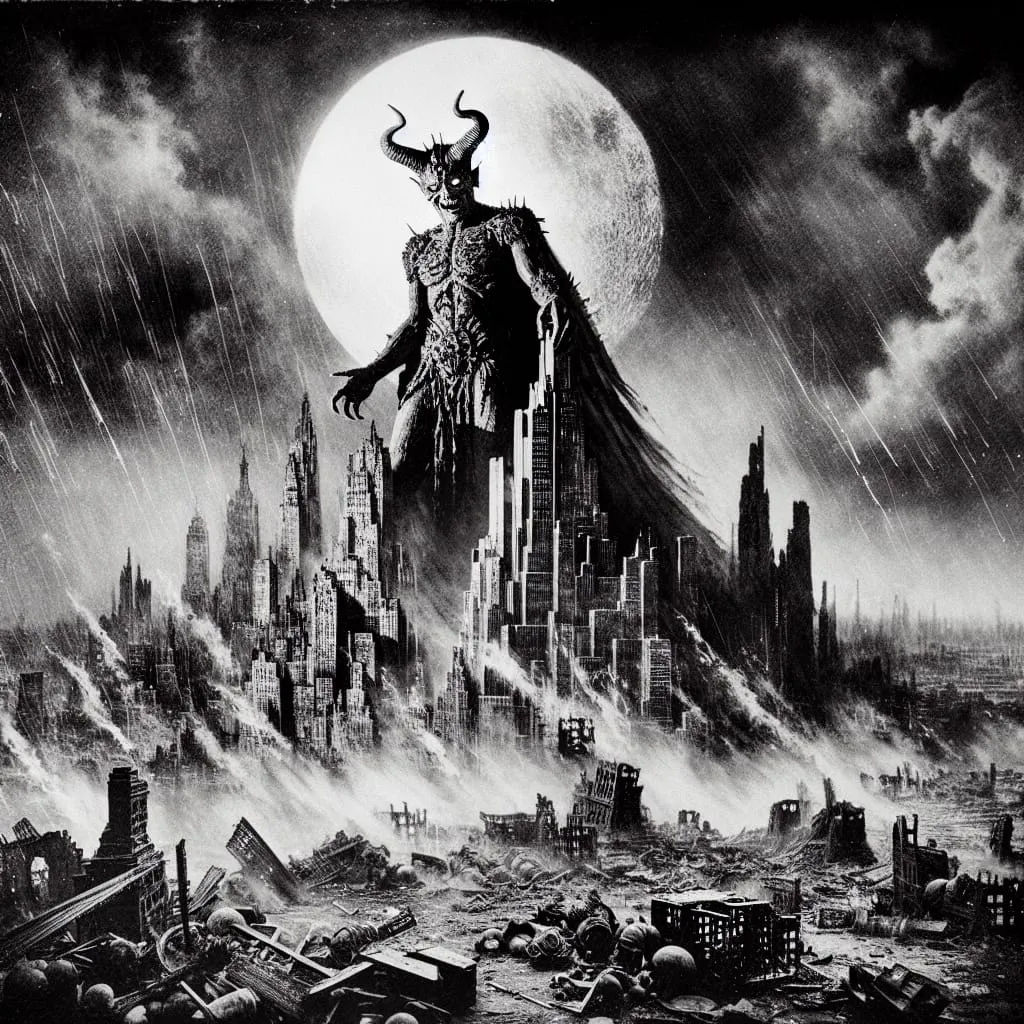 a grinning devil wearing a shadowy cape while towering above the skyscrapers of a ruined city. raining blood. oversized moon backdrop. photo...