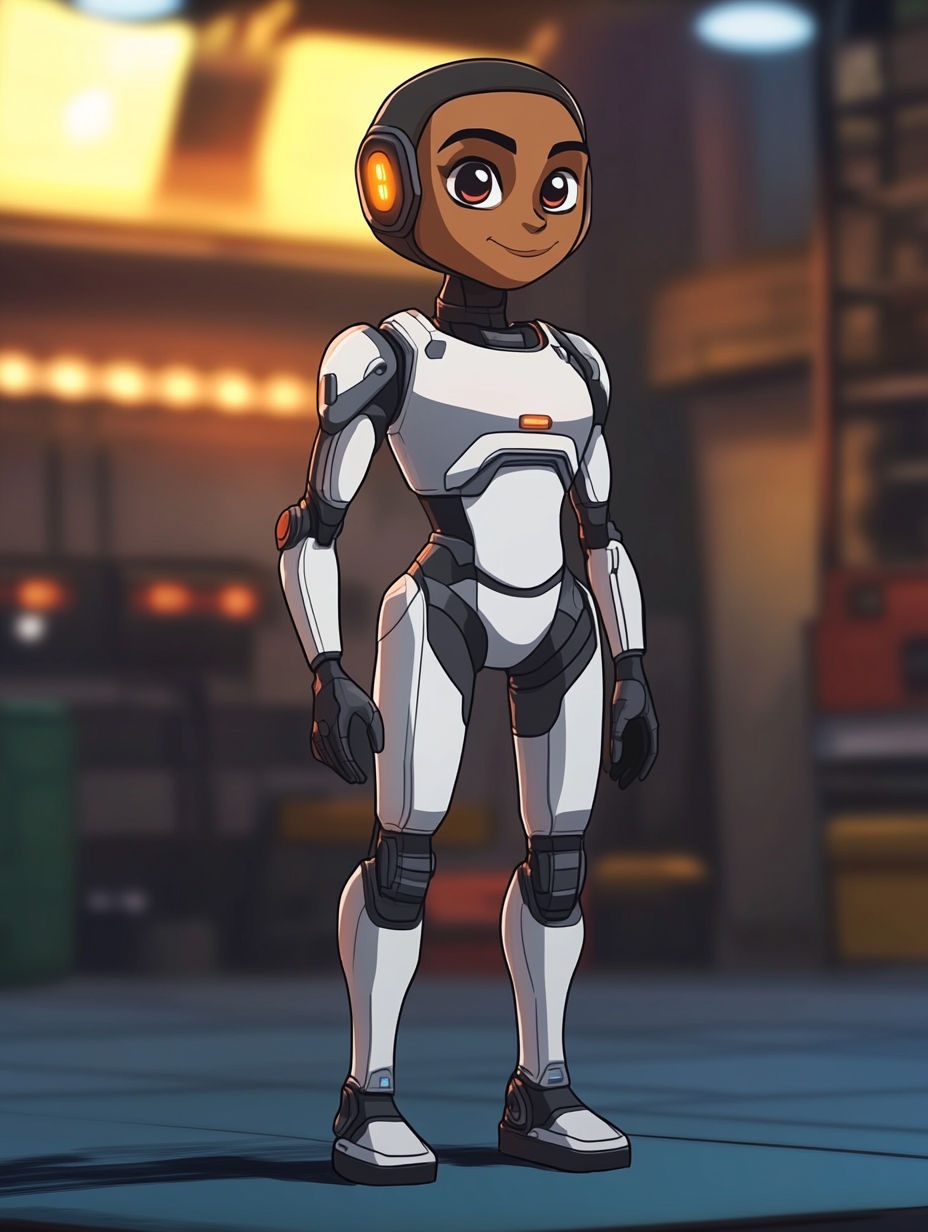 A powerful and supportive android helping humans over a superfuturistic background