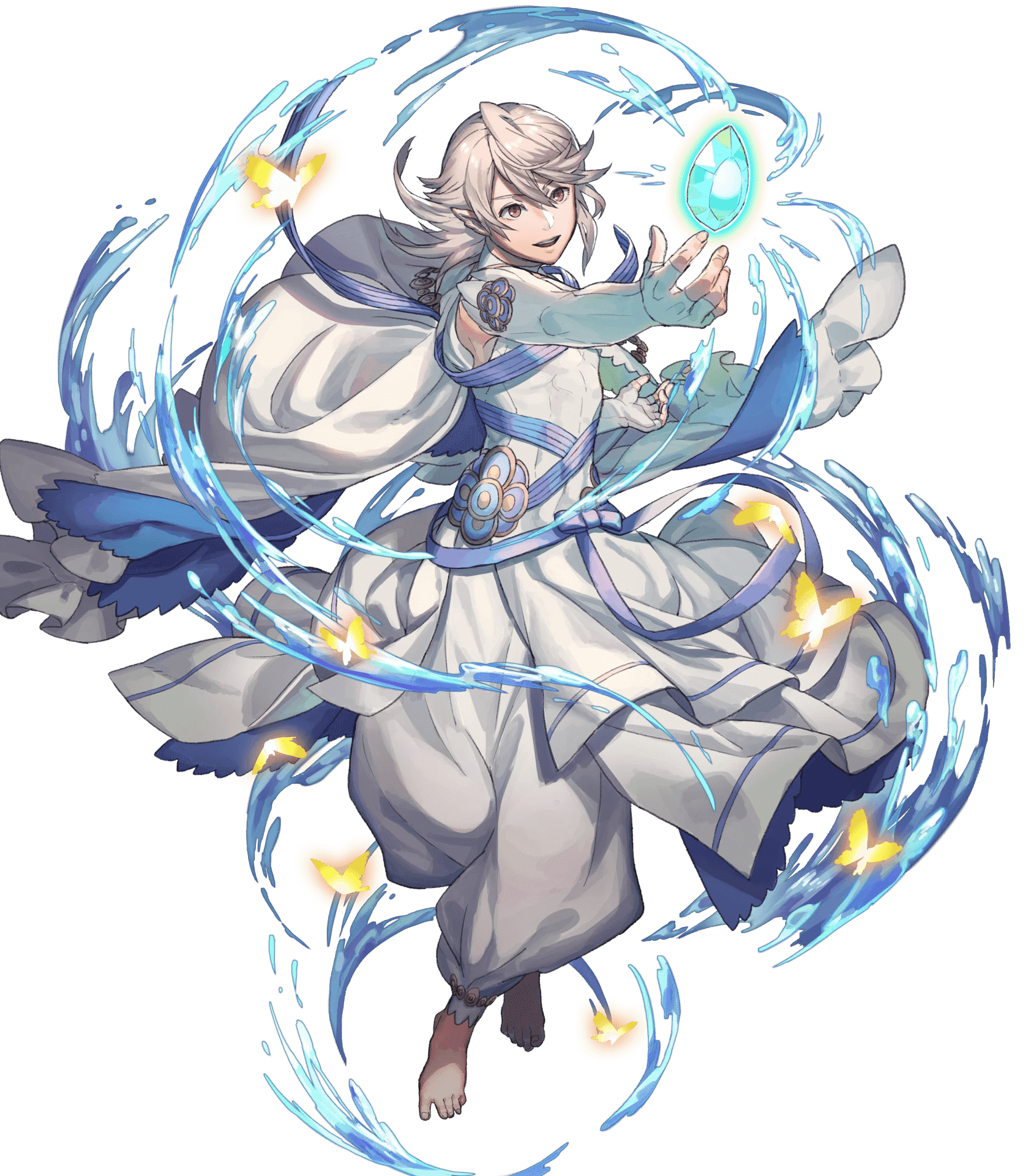 A male Pokemon trainer with dark blue long hair and teal eyes, a modern and stylish medieval outfit and some water Pokemon accompanying him...