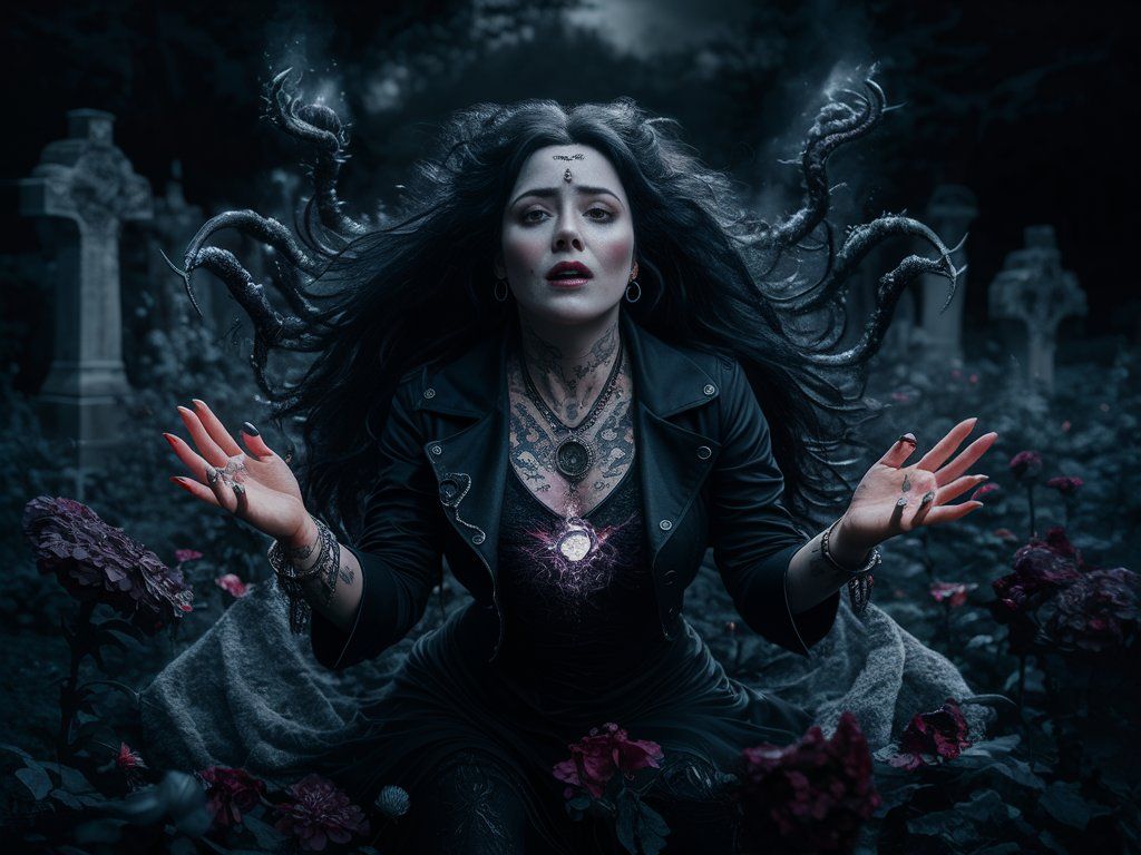 the iconic picture of a gorgeous witch noble woman with a red and black dress with laces and intricate patterns, long needles  in the hairs,...