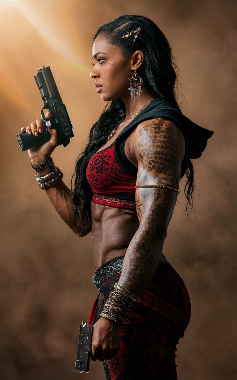 A frightening photography of an Indian, barbarian savage fit warrior woman, blending elements of a Thug and a Ninja.she is in a dark old cur...
