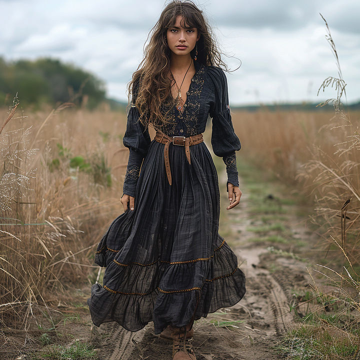 the iconic picture of a noble woman with a red and black dress , 17th century, french court, she walks in a garden of red roses with thorns,...