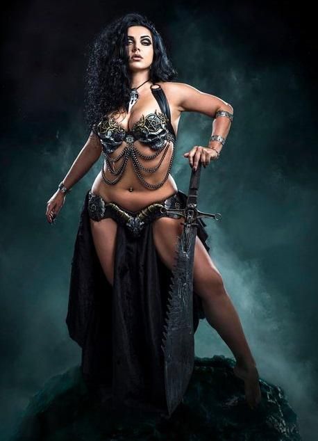 a muscular warrior woman holding swords,  heroic fantasy , Cinematic film still, shot on v-raptor XL, film grain, vignette, color graded, po...