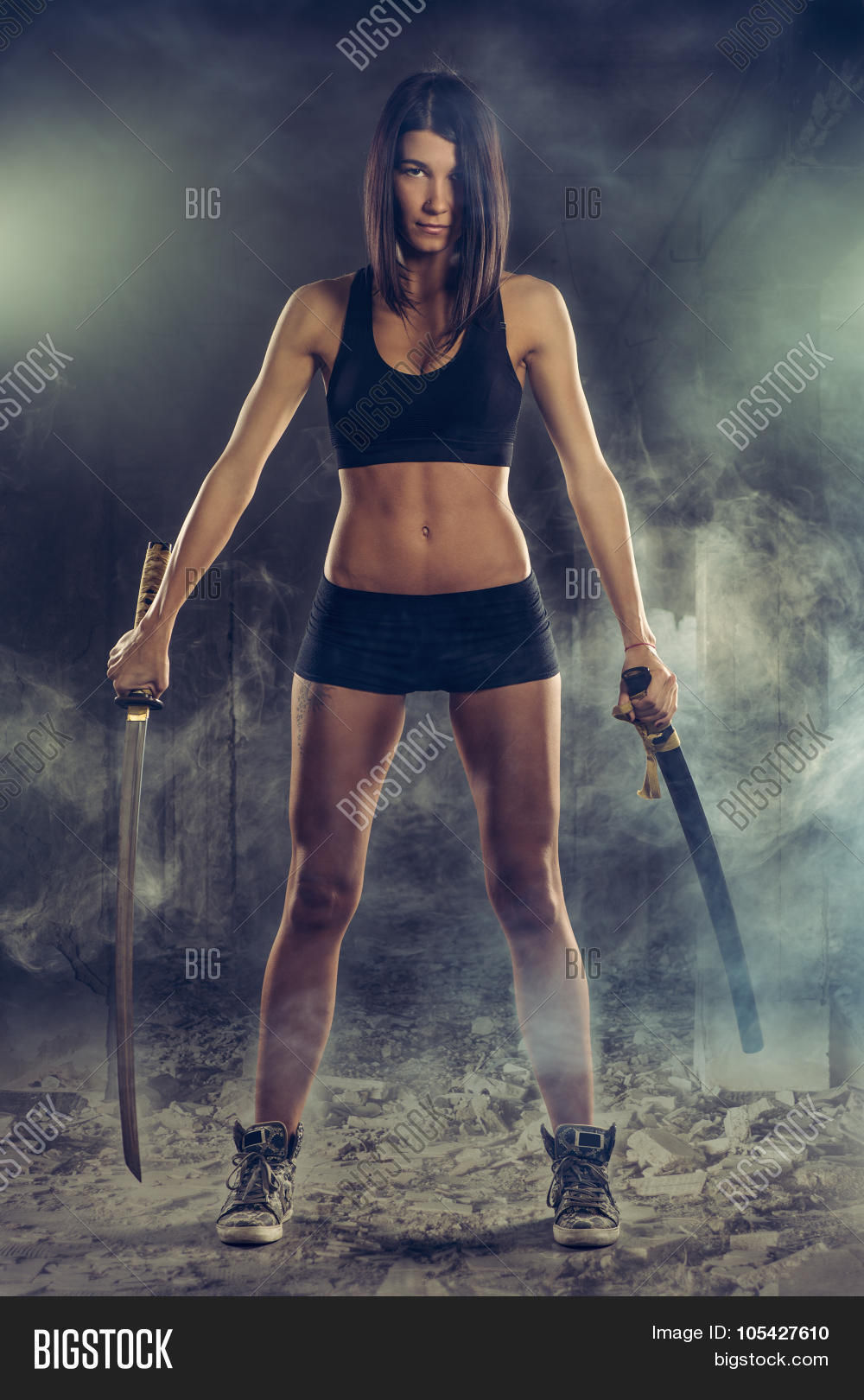 A very muscular heroic fantasy  assassin hides in the shadow in an old cursed church. dressed in red and black , She carries dual daggers, w...